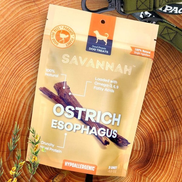 SAVANNAH PET FOOD Crunchy Ostrich Esophagus Cuts Dog Treats, 3 count