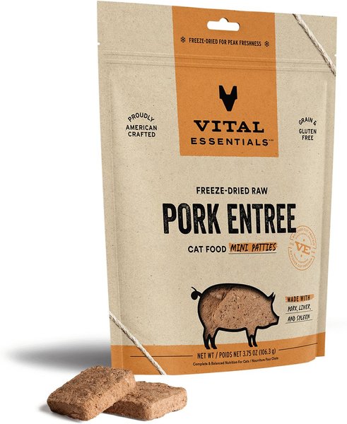 Vital Essentials Pork Entree Cat Food Mini Patties Grain-Free Freeze-Dried Raw Cat Food, 3.75-oz bag slide 1 of 6