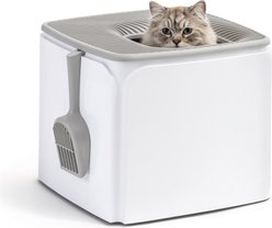 IRIS USA Premium Square Top Entry Cat Litter Box with Scoop, White & Gray, Large