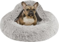 Friends Forever Luna Donut Faux Fur Cozy Cave Covered Dog Bed with Hooded Blanket, Grey