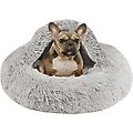Friends Forever Luna Donut Faux Fur Cozy Cave Covered Dog Bed with Hooded Blanket, Grey