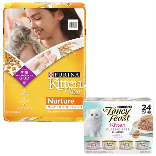 Kitten Chow Nurture Muscle & Brain Development Dry Cat Food + Fancy Feast Tender Feast Variety Pack Canned Kitten Food slide 1 of 9