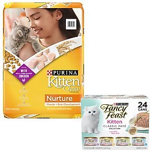 Kitten Chow Nurture Muscle & Brain Development Dry Cat Food + Fancy Feast Tender Feast Variety Pack Canned Kitten Food