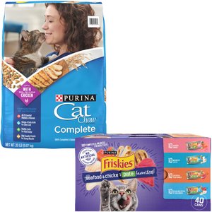 Purina Friskies Seafood & Chicken Pate Favorites Variety Pack Wet Food + Cat Chow Complete Dry Cat Food