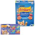 Friskies Seafood Sensations Dry Food + Purina Seafood & Chicken Pate Favorites Variety Pack Wet Cat Food