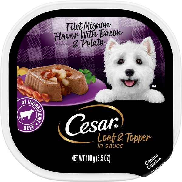 Cesar Loaf Topper in Sauce Filet Mignon Flavor with Bacon Potato Grain Free Small Breed Adult Wet Dog Food Trays 3.5 oz case of 24