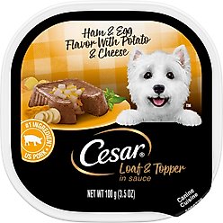 Cesar Loaf & Topper in Sauce Ham & Egg Flavor with Potato & Cheese Grain-Free Small Breed Adult Wet Dog Food Trays, 3.5-oz, case of 24