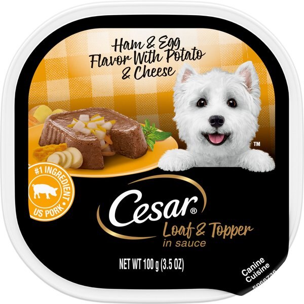 Cesar Loaf & Topper in Sauce Adult Ham & Egg Flavor with Potato & Cheese Wet Dog Food Trays, 3.5-oz case of 24 slide 1 of 10