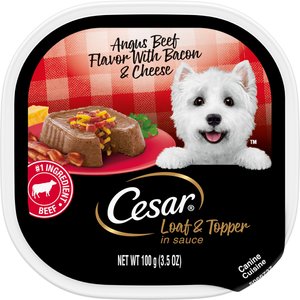 Cesar Loaf & Topper in Sauce Angus Beef Flavor with Bacon & Cheese Dog Food Trays, 3.5-oz, case of 24