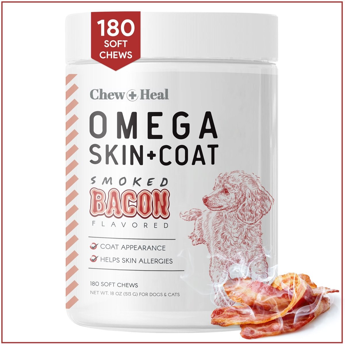 Chew + Heal Smoked Bacon Omega Skin + Coat Supplement for Dogs
