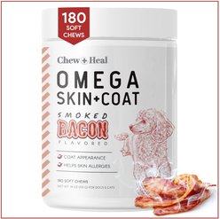 Chew + Heal Smoked Bacon Omega Skin + Coat Dog Supplement, 180 count