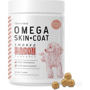 Chew + Heal Smoked Bacon Omega Skin + Coat Supplement for Dogs, 180 count