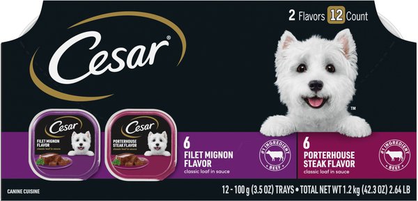Cesar Classic Loaf in Sauce Filet Mignon & Porterhouse Steak Flavors Variety Pack Grain-Free Small Breed Adult Wet Dog Food Trays, 3.5-oz, case of 12 slide 1 of 10