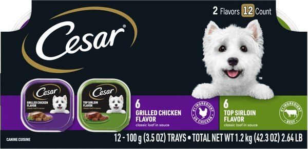 Cesar Classic Loaf in Sauce Top Sirloin & Grilled Chicken Flavors Variety Pack Dog Food Trays, 3.5-oz, case of 12 slide 1 of 10