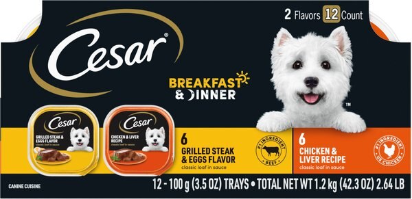 Cesar Classic Loaf in Sauce Breakfast & Dinner Mealtime Variety Pack Adult Wet Dog Food Trays, 3.5-oz, case of 12 slide 1 of 10