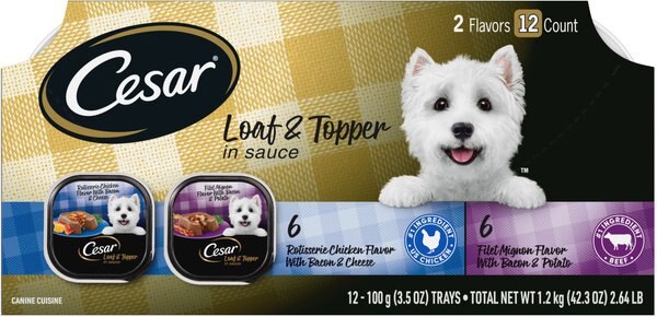 Cesar Loaf in Sauce Rotisserie Chicken & Filet Mignon Flavors Variety Pack Adult Wet Dog Food Trays, 3.5-oz, case of 12 slide 1 of 10
