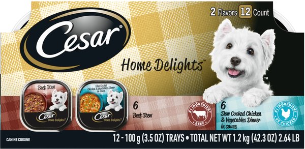Cesar Home Delights Slow Cooked Chicken & Vegetables & Beef Stew Variety Pack Small Breed Adult Wet Dog Food Trays, 3.5-oz, case of 12 slide 1 of 10