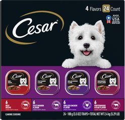 Cesar Classic Loaf in Sauce Beef Recipe, Filet Mignon, Grilled Chicken & Porterhouse Steak Flavors Variety Pack Grain-Free Small Breed Adult Wet Dog Food Trays, 3.5-oz, case of 24 slide 1 of 9