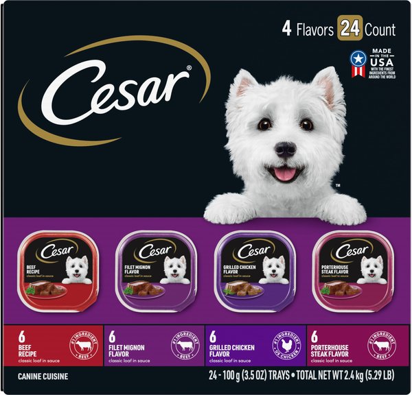 Cesar Classic Loaf in Sauce Adult Beef Recipe, Filet Mignon, Grilled Chicken, & Porterhouse Steak Flavors Variety Pack Wet Dog Food Trays, 3.5-oz, case of 24 slide 1 of 10