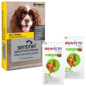 Bravecto Chew, 22-44 lbs, (Green Box), 2 Chews (6-mos. supply) + Sentinel Spectrum Chew for Dogs, 25.1-50 lbs, (Yellow Box), 6 Chews (6-mos. supply)