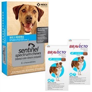 Bravecto Chew, 44-88 lbs, (Blue Box), 2 Chews (6-mos. supply) + Sentinel Spectrum Chew for Dogs, 50.1-100 lbs, (Blue Box), 6 Chews (6-mos. supply)