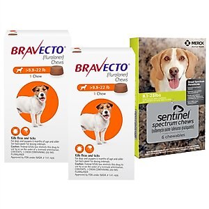 Bravecto Chew, 9.9-22 lbs, (Orange Box), 2 Chews (6-mos. supply) + Sentinel Spectrum Chew for Dogs, 8.1-25 lbs, (Green Box), 6 Chews (6-mos. supply)