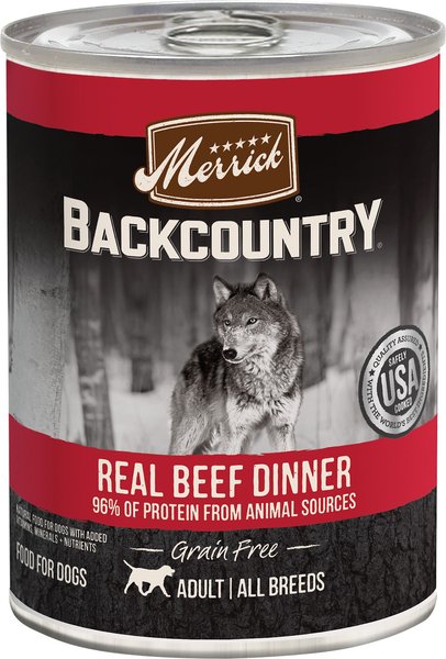 Merrick Backcountry Grain-Free 96% Real Beef Dinner Recipe Canned Dog Food, 12.7-oz can, case of 12 slide 1 of 9