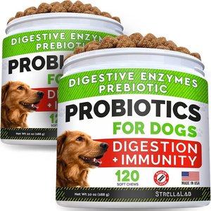 StrellaLab Dog Probiotics Enzymes Prebiotics Fiber Digestive Supplement Bacon Flavor, 240 count