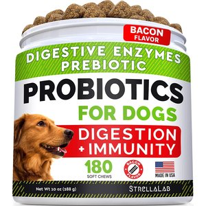 StrellaLab Dog Probiotics Enzymes Prebiotics Fiber Digestive Supplement Bacon Flavor, 180 count