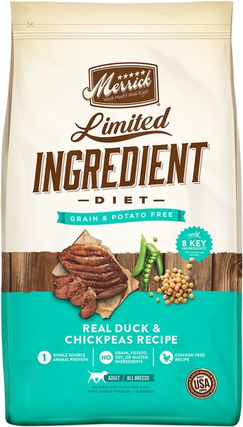 Discontinued MERRICK Limited Ingredient Diet Grain Free Real Duck Chickpeas Recipe Dry Dog Food 4 lb bag Chewy