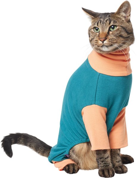 FRISCO Convertible Funnel Neck Dog & Cat Playsuit, Teal/Orange, Small ...