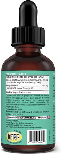 Wonder Paws Hemp Oil with Wild Salmon Oil Calming Supplement for Dogs, 2-oz bottle
