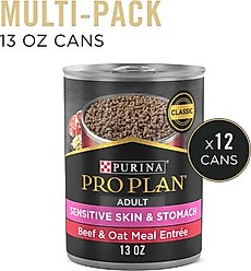 Purina Pro Plan Adult Sensitive Skin & Stomach Beef & Oat Meal Entree Wet Dog Food, 13-oz can, case of 12 slide 2 of 9