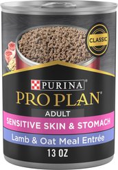 Purina Pro Plan Adult Sensitive Skin & Stomach Lamb & Oat Meal Entree​ Wet Dog Food, 13-oz can, case of 12