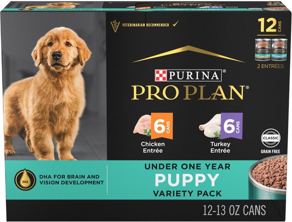 Purina Pro Plan Development Variety Pack Puppy Grain-Free Chicken Entree & Turkey Entree Wet Dog Food, 13-oz can, case of 12 slide 1 of 10