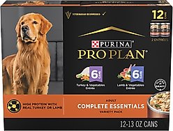 Purina Pro Plan Complete Essentials Variety Pack Adult High Protein Lamb & Vegetables, Turkey & Vegetables Slices in Gravy Wet Dog Food, 13-oz can, case of 12