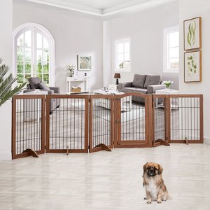 Unipaws 6 Panel Freestanding Wooden Wire Dog & Cat Gate, Walnut, Large
