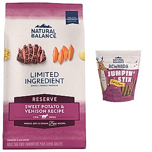 Natural Balance Rewards Jumpin' Stix with Real Venison Treats + Limited Ingredient Reserve Sweet Potato & Venison Recipe Dry Dog Food