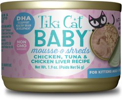 Tiki Cat Baby Chicken, Tuna, & Chicken Liver Mousse & Shreds Grain-Free Wet Cat Food, 1.9-oz can, case of 3