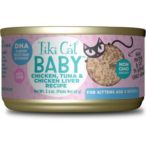 Tiki Cat Baby Chicken, Tuna, & Chicken Liver Shreds Grain-Free Wet Cat Food, 2.4-oz can, case of 12