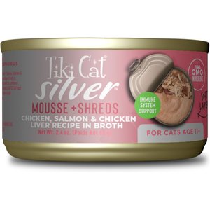 Tiki Cat Silver Chicken & Chicken Liver Mousse & Shreds Grain-Free Wet Cat Food, 2.4-oz can, case of 12