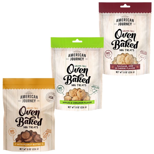 Variety Pack - American Journey Peanut Butter Recipe Crunchy Biscuit Dog Treats, 8-oz bag, Apple & Cinnamon and Salmon, Egg & Cheese Flavors slide 1 of 9