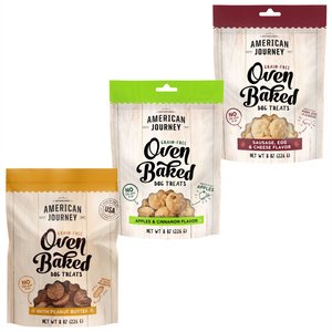 Variety Pack - American Journey Peanut Butter Recipe Crunchy Biscuit Dog Treats, 8-oz bag, Apple & Cinnamon and Salmon, Egg & Cheese Flavors