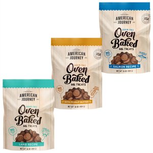 Variety Pack - American Journey Peanut Butter Crunchy Biscuit Dog Treats, 16-oz bag, Salmon & Lamb Flavors 