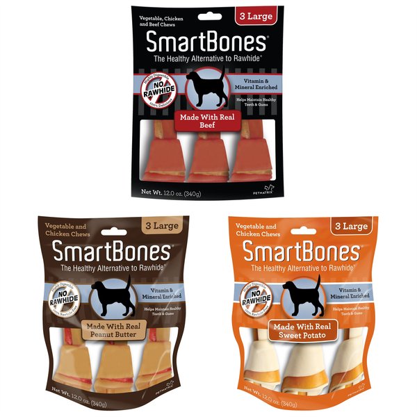 Variety Pack - SmartBones Large Peanut Butter Chew Bones Dog Treats, 3 count, Beef & Sweet Potato Flavors slide 1 of 9