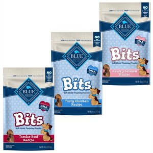 Variety Pack - Blue Buffalo Blue Bits Tender Beef Recipe Soft-Moist Training Dog Treats, 4-oz bag, Chicken & Salmon Flavors