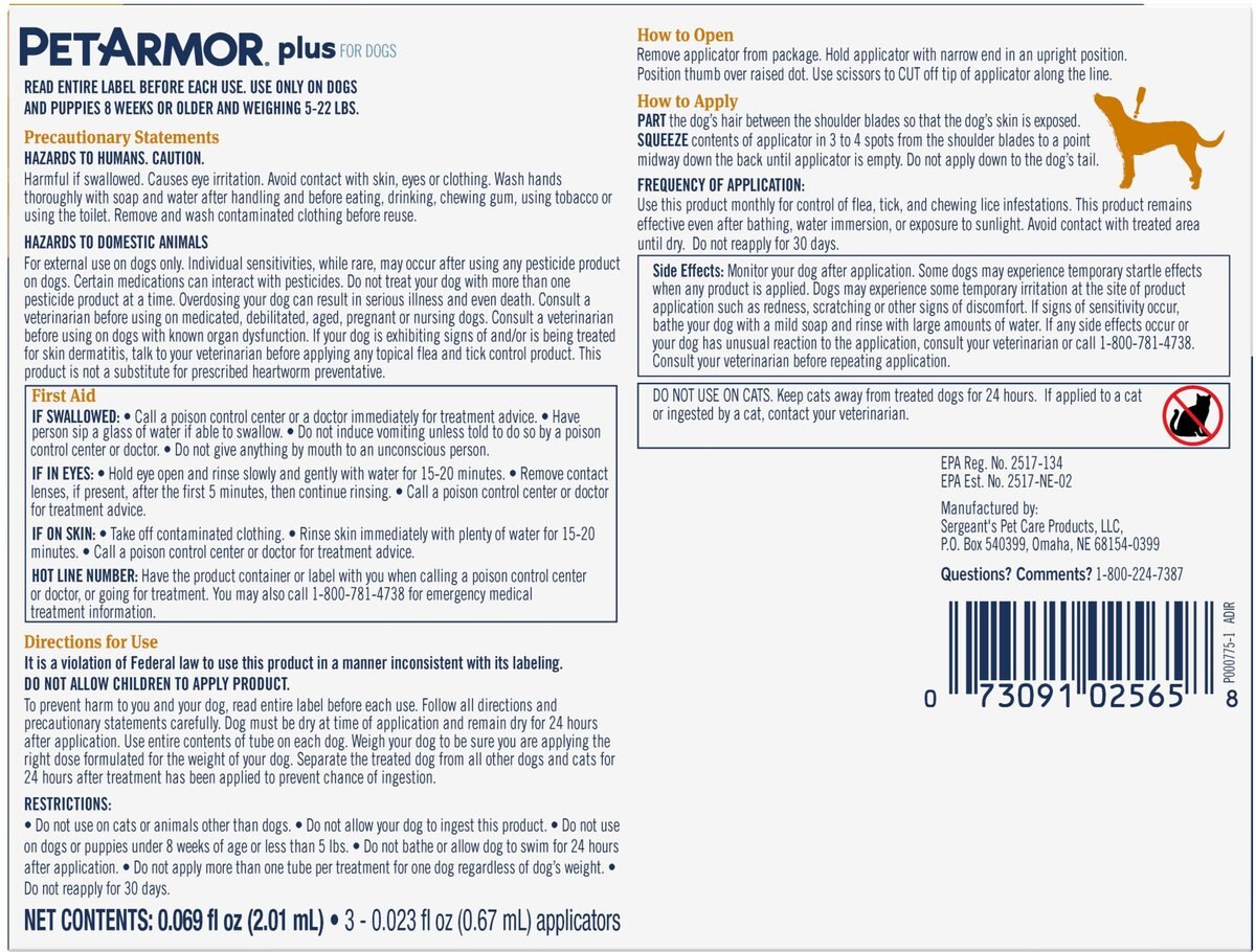 PETARMOR Plus Flea & Tick Spot Treatment for Dogs, 522 lbs, 3 Doses (3