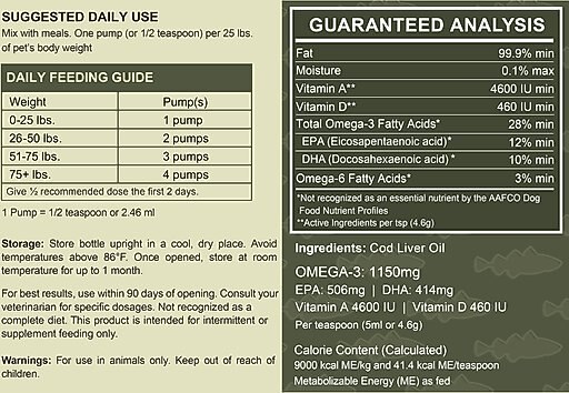 Chew + Heal Pure Cod Liver Oil Omega Skin & Coat Liquid Supplement for Dogs, 16-oz bottle