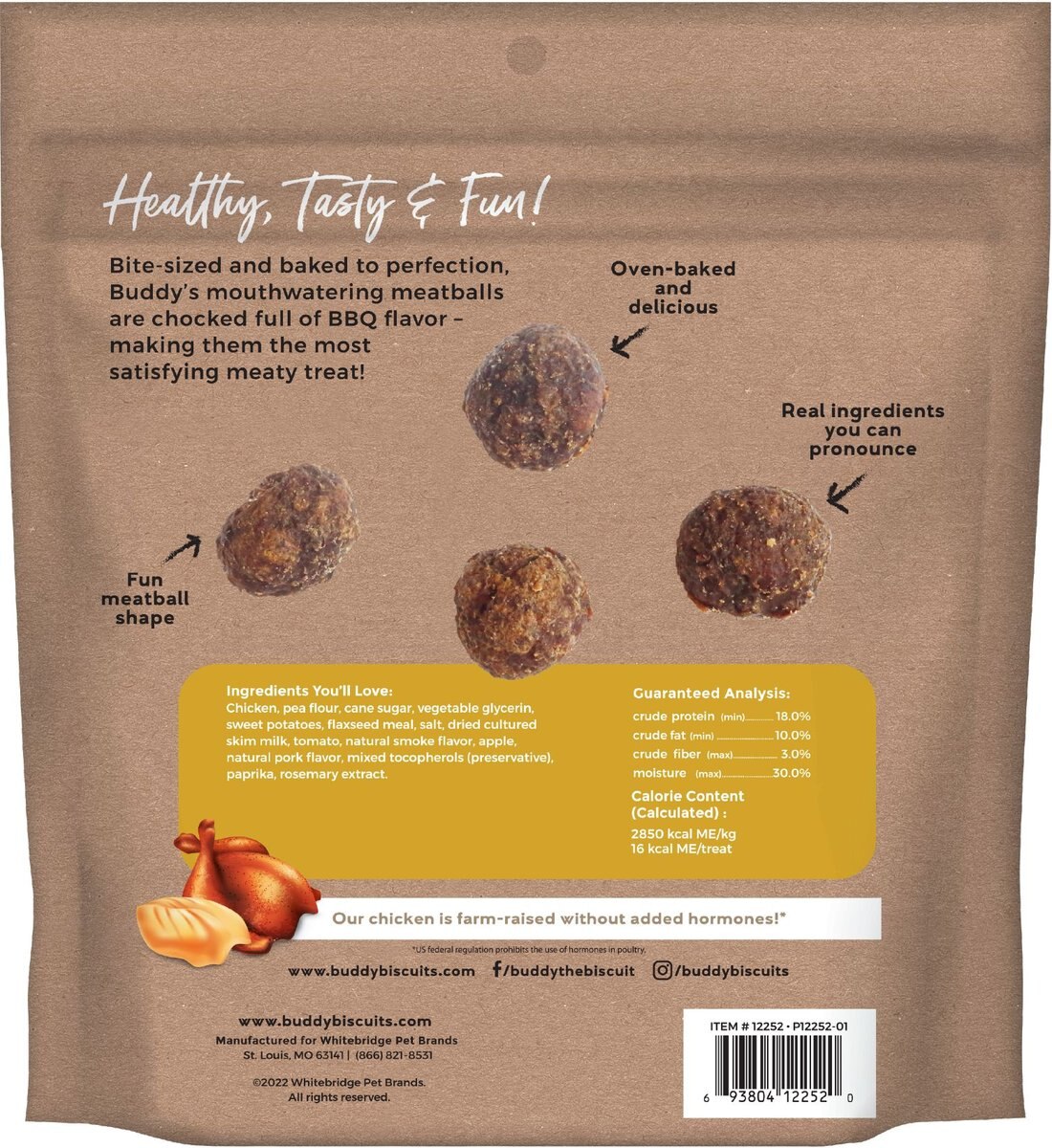 BUDDY BISCUITS Meaty Meatball Bites BBQ Chicken Dog Treats, 10oz bag