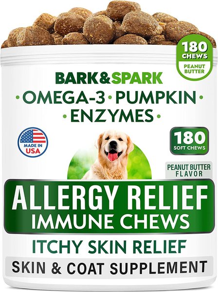 Product title update toBark&Spark Allergy Relief Omega 3 Anti-Itch Dog Chews Peanut Butter Flavor, 180 count slide 1 of 8